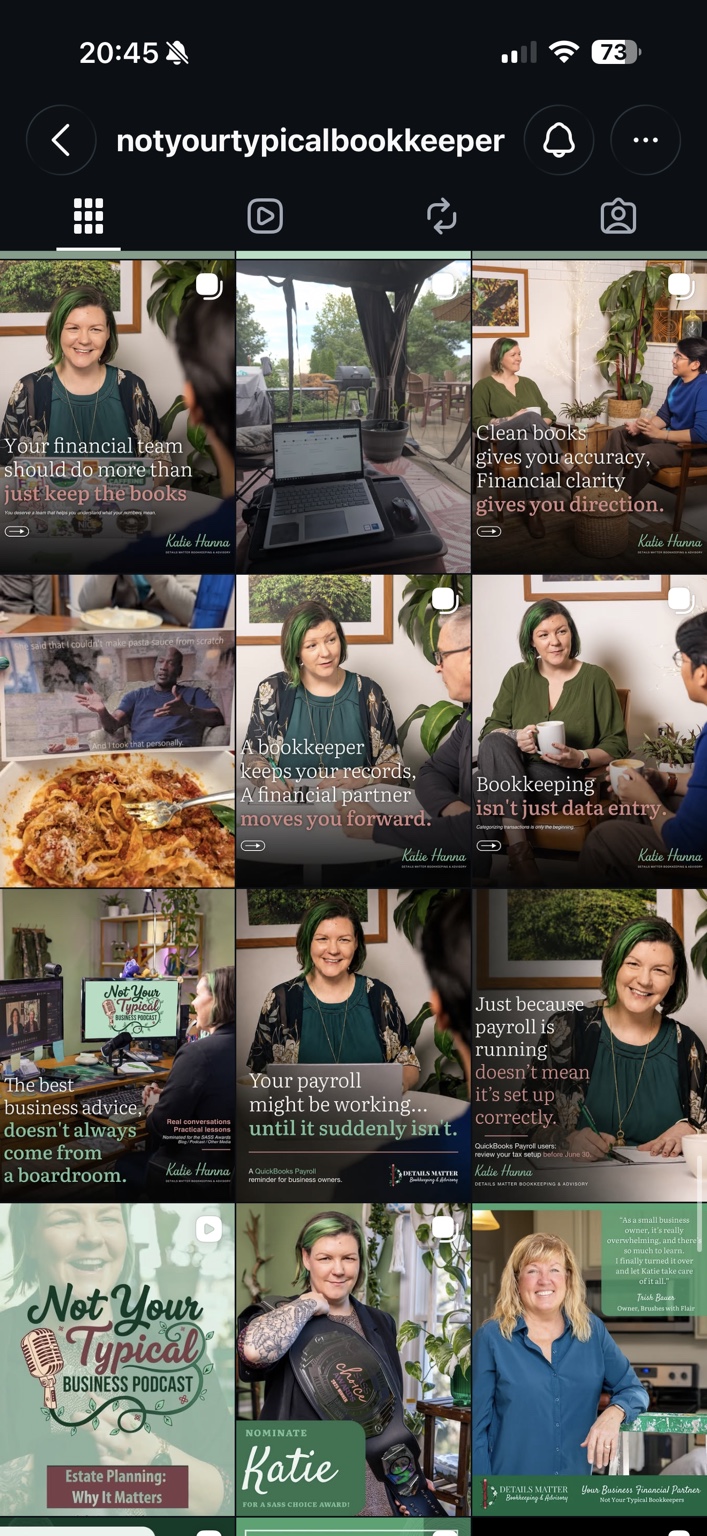 A selection of branded social media posts on the Not Your Typical Bookkeeper Instagram grid