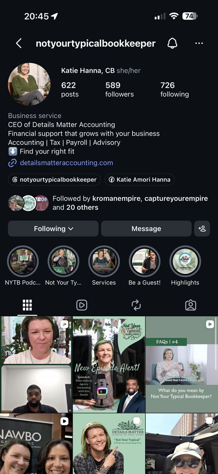 Katie Hanna’s Not Your Typical Bookkeeper Instagram profile